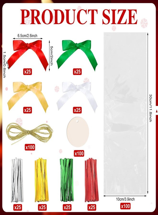 Dansydaisy 100 Sets Christmas Wreath Making Cellophane Bag Clear Plastic Bags Bulk with Candy Gold Bow Twist Tie Hang Tag and Thread Xmas DIY Candy Chocolate Wrapping for Party Favor - Image 2